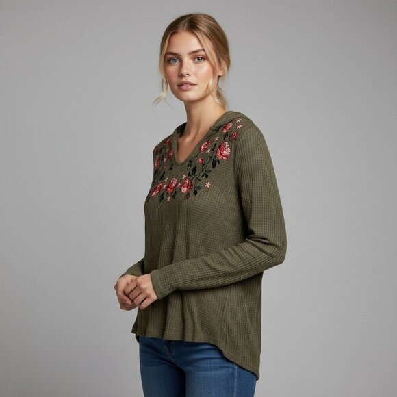 Anthropologie Tops - Anthropologie Olive Green Embroidered Floral Waffle Knit Hoodie Size Small